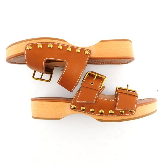 J. CREW Brown Leather Double Buckle Strap Slide Studded Wooden Heel Sandals 6.5 - Picture 4 of 8